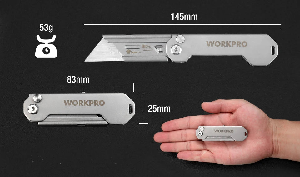 WORKPRO 3pcs Folding Utility Knife Stainless Steel Quick Realse Pocket Knife with Belt Clip Sharp Blade General-Purpose Cutting