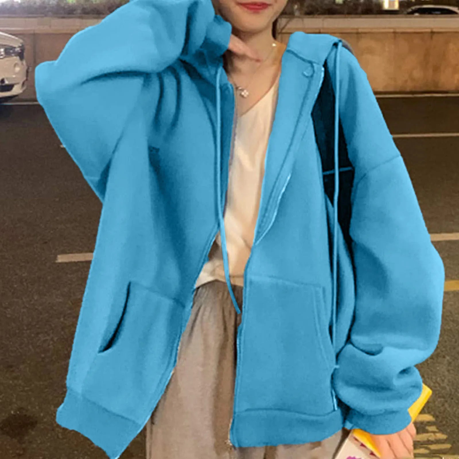 Blue Zip Up Hooded Sweatshirts Women 2022 Vintage Pockets Oversized Jacket Coat Autumn Female Y2k Long Sleeve Hoodies Mujer