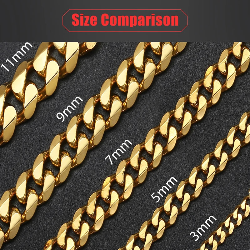 Hiphop Stainless Steel Necklace Curb Cuban Link Chain For Men Women Gold Color Solid Metal Punk Jewelry Gift KNM08