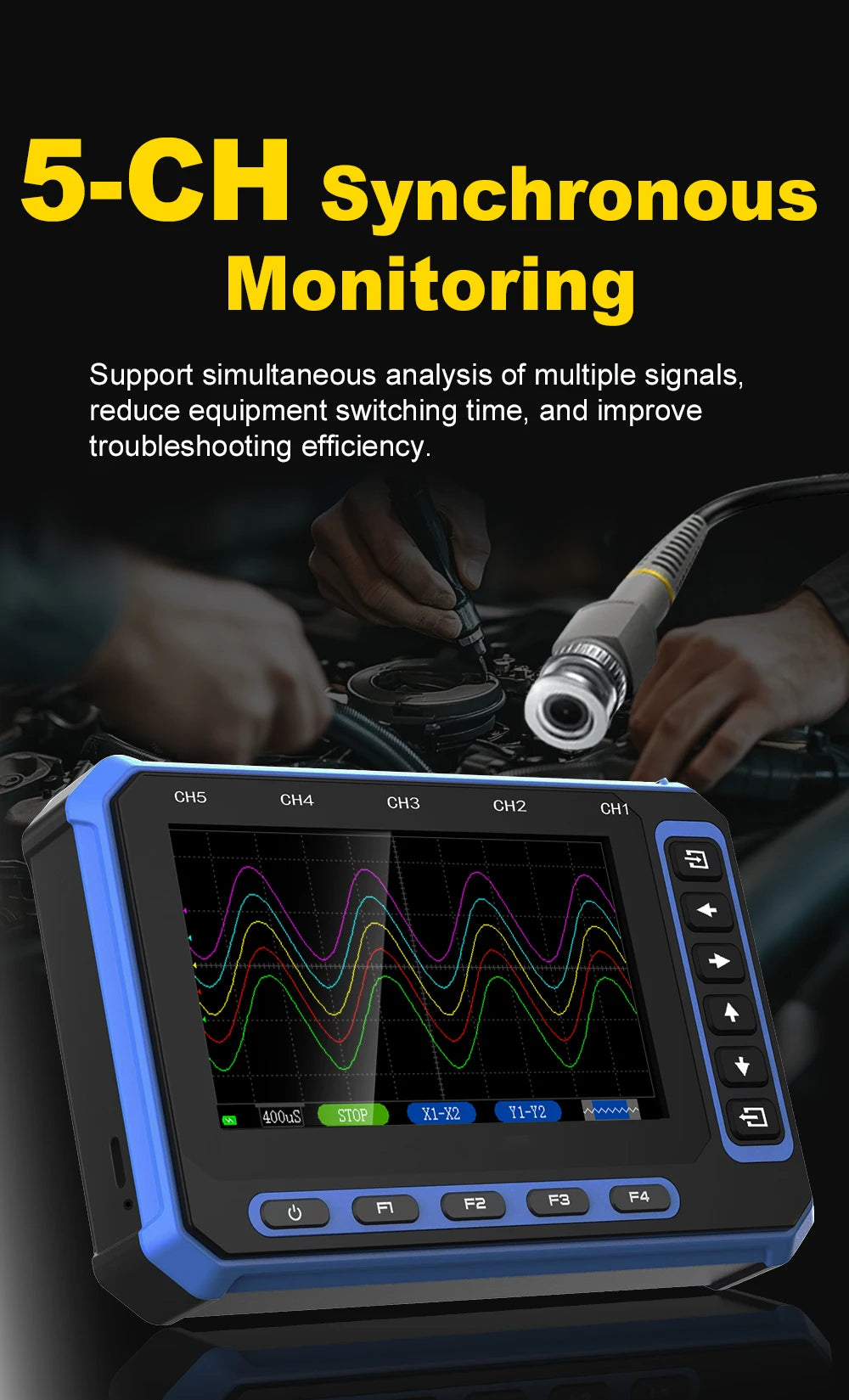 TOOLTOP 5 Channels Digital Oscilloscope 4.3-Inch WIFI & USB Connection 1MHz 3Msps Digital Oscilloscope Electrical Inspection