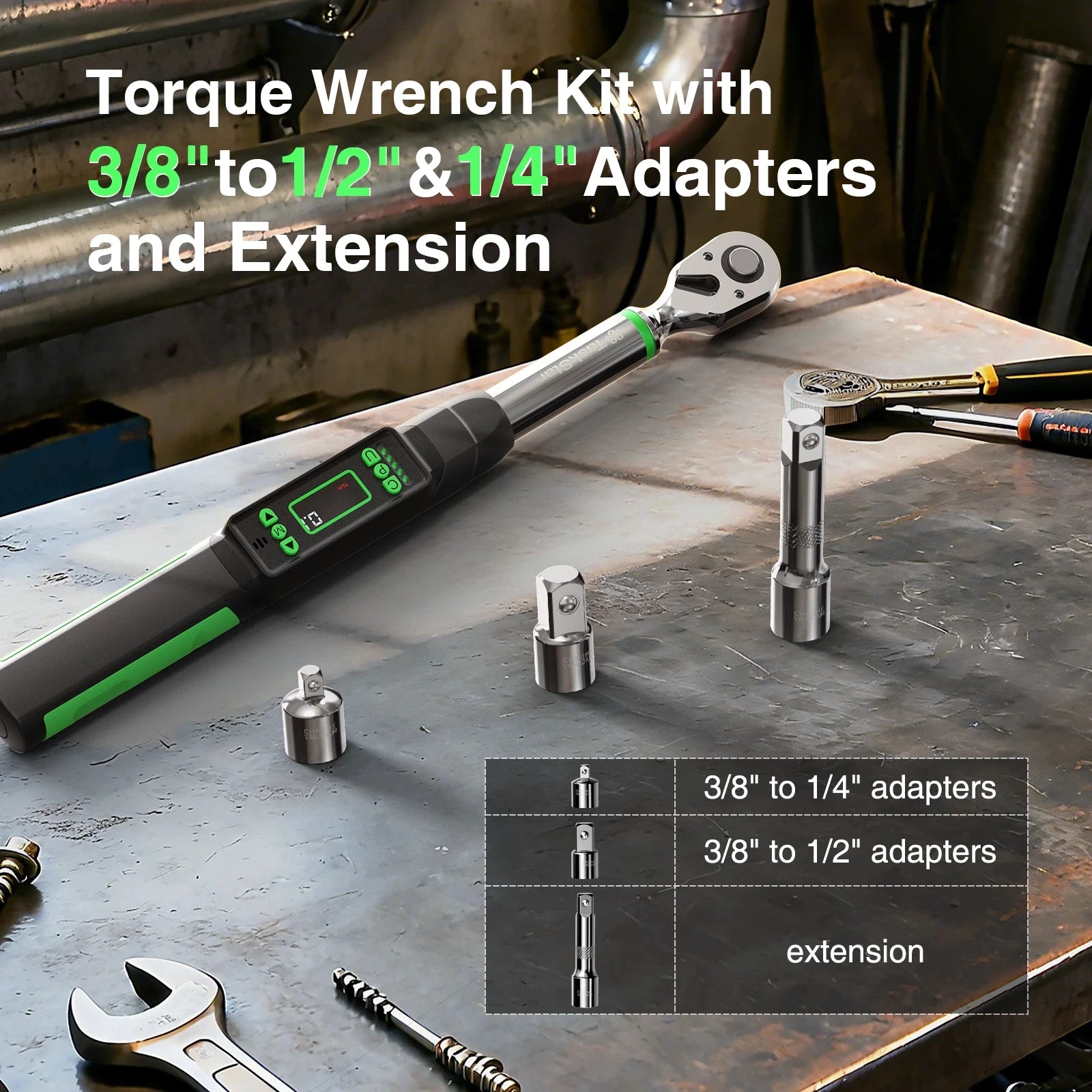 TaskStar 3/8'' Digital Torque Wrench w/1/4 1/2-inch Adapter Bidirectional Ratchet Head Mini Electronic Torque Wrench 2% Accuracy