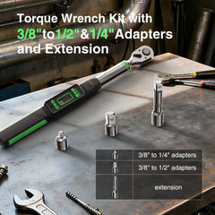 TaskStar 3/8'' Digital Torque Wrench w/1/4 1/2-inch Adapter Bidirectional Ratchet Head Mini Electronic Torque Wrench 2% Accuracy