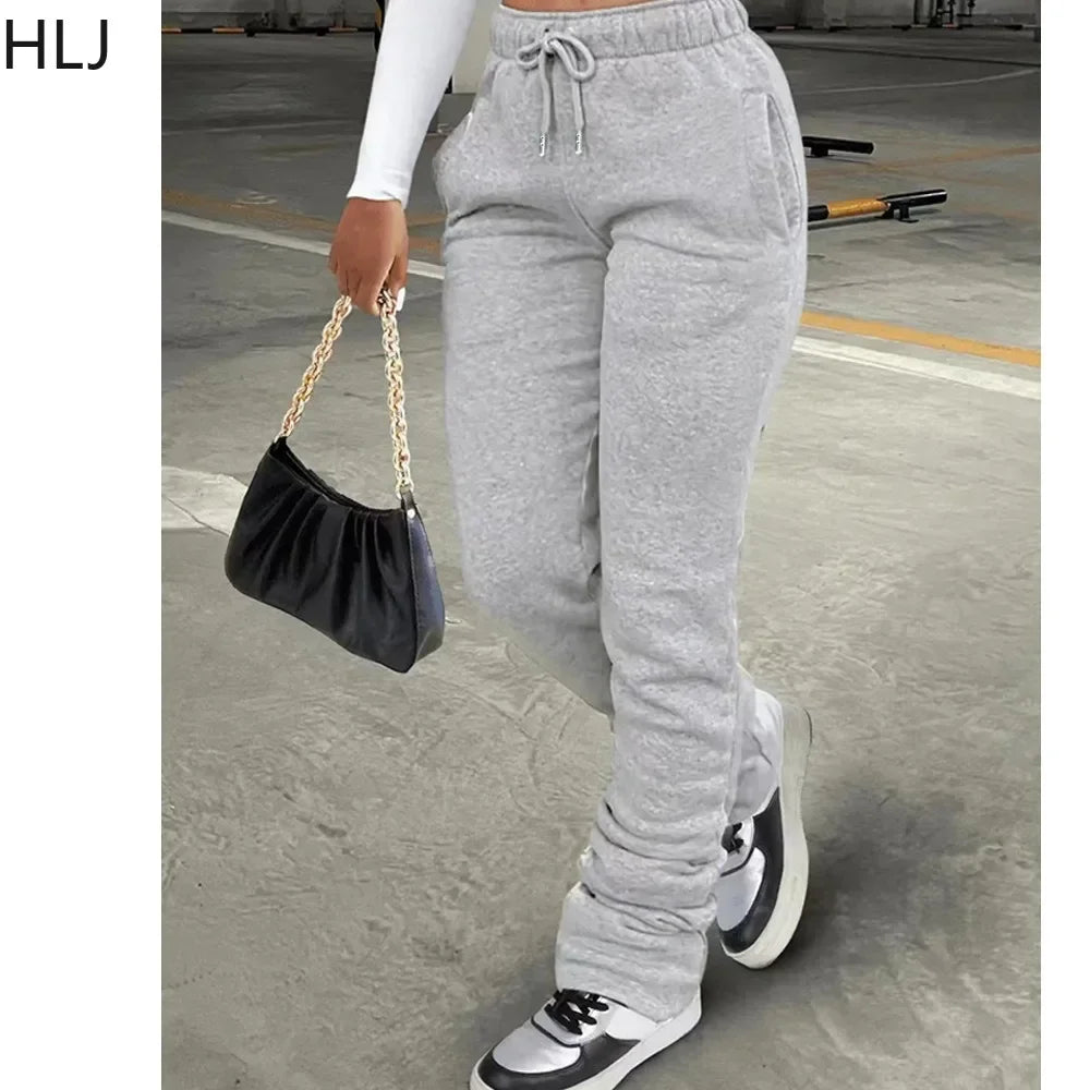 HLJ&GG Spring New Drawstring Jogger Pants Women High Waisted Stacked Trousers Casual Female Solid Color Matching Sporty Bottoms