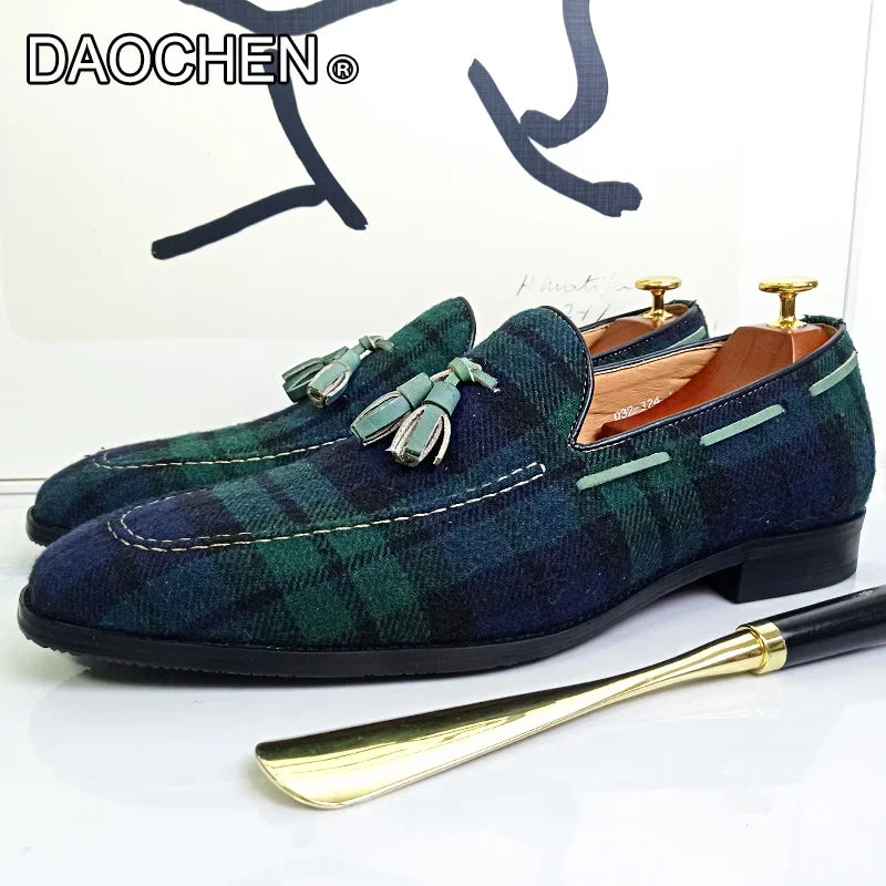 ZAPATOS MOCASINES DE LUJO PARA HOMBRES, ZAPATOS DE ANTE CON BORLAS Y CUADROS VERDES Y NEGROS, ZAPATOS DE VESTIR CASUAL PARA HOMBRE, MOCASINES DE PIEL AUTÉNTICA PARA HOMBRES