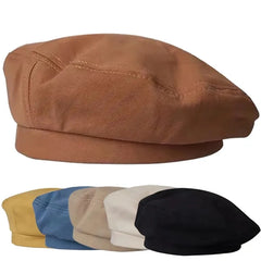Set of six canvas berets in brown, yellow, blue, and black.