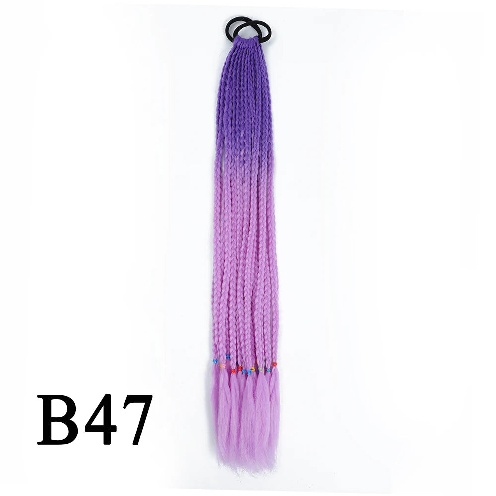 Synthetic 24 Inch Long Colored Box Braids Hair Ponytail With Rubber Bands Rainbow Twist Braided Highlights Ponytail For Women