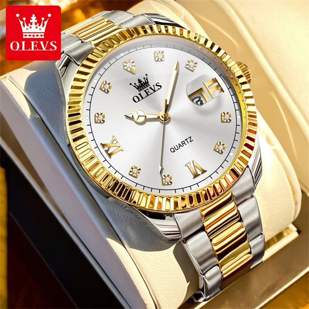 A two-tone silver and gold men's quartz watch with a white diamond dial and a date window.