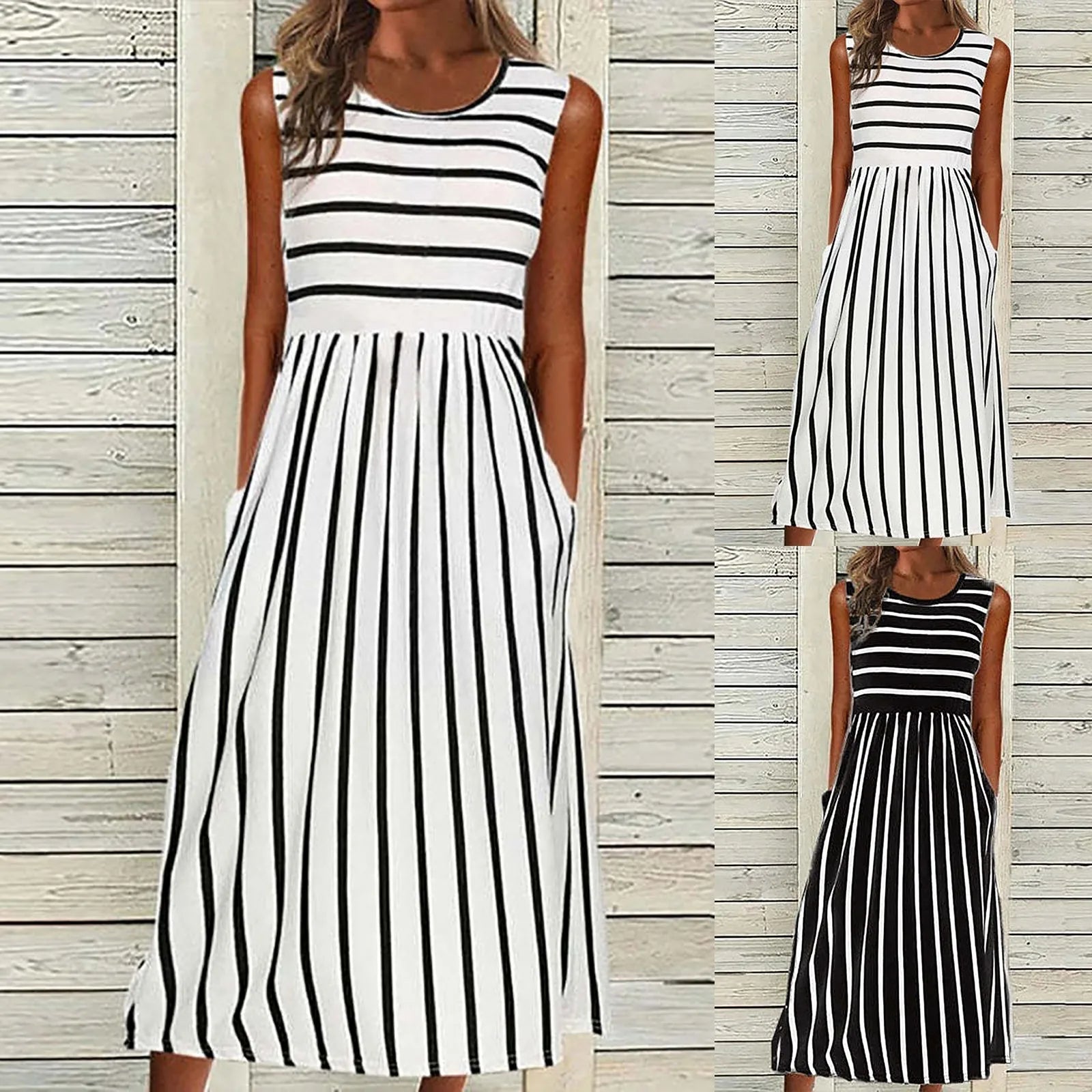 Maxi dress with horizontal and vertical black and white stripes.