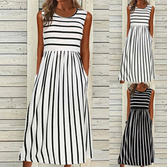 Maxi dress with horizontal and vertical black and white stripes.