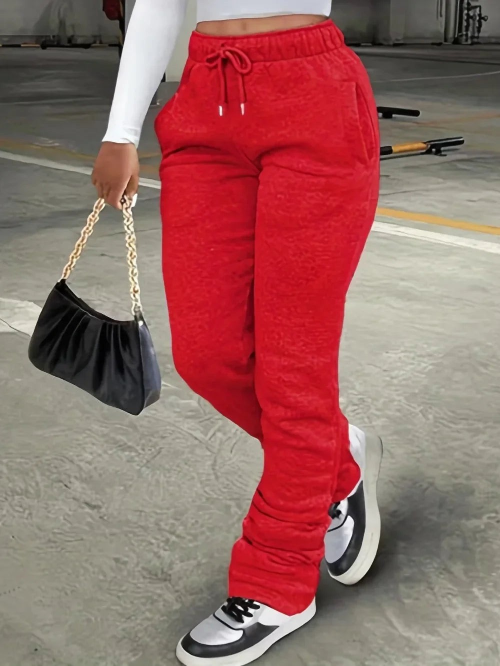 HLJ&GG Spring New Drawstring Jogger Pants Women High Waisted Stacked Trousers Casual Female Solid Color Matching Sporty Bottoms