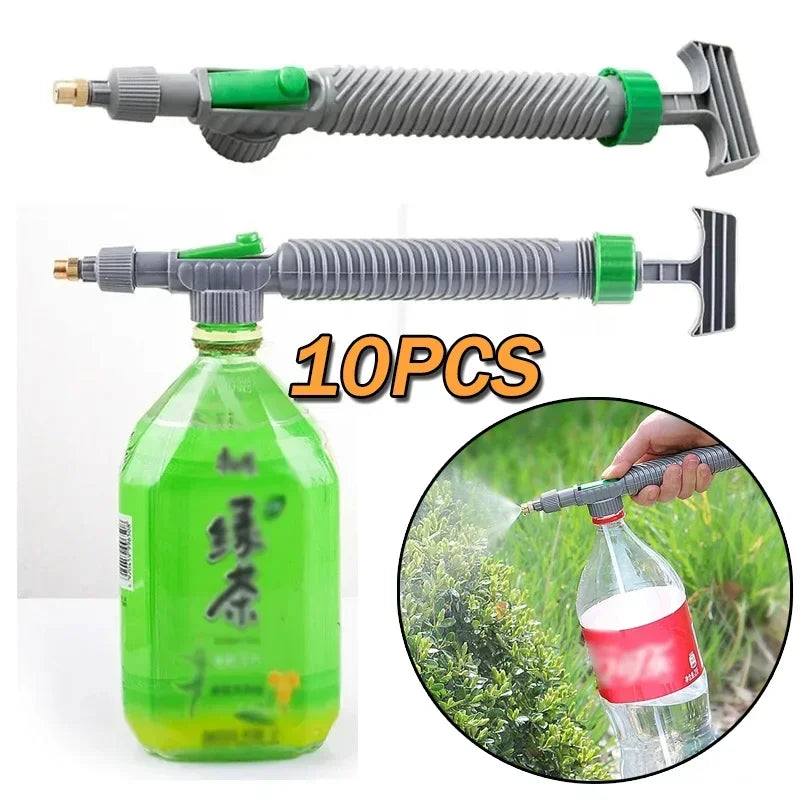 Pump spray nozzle for water bottles, shown spraying plants.