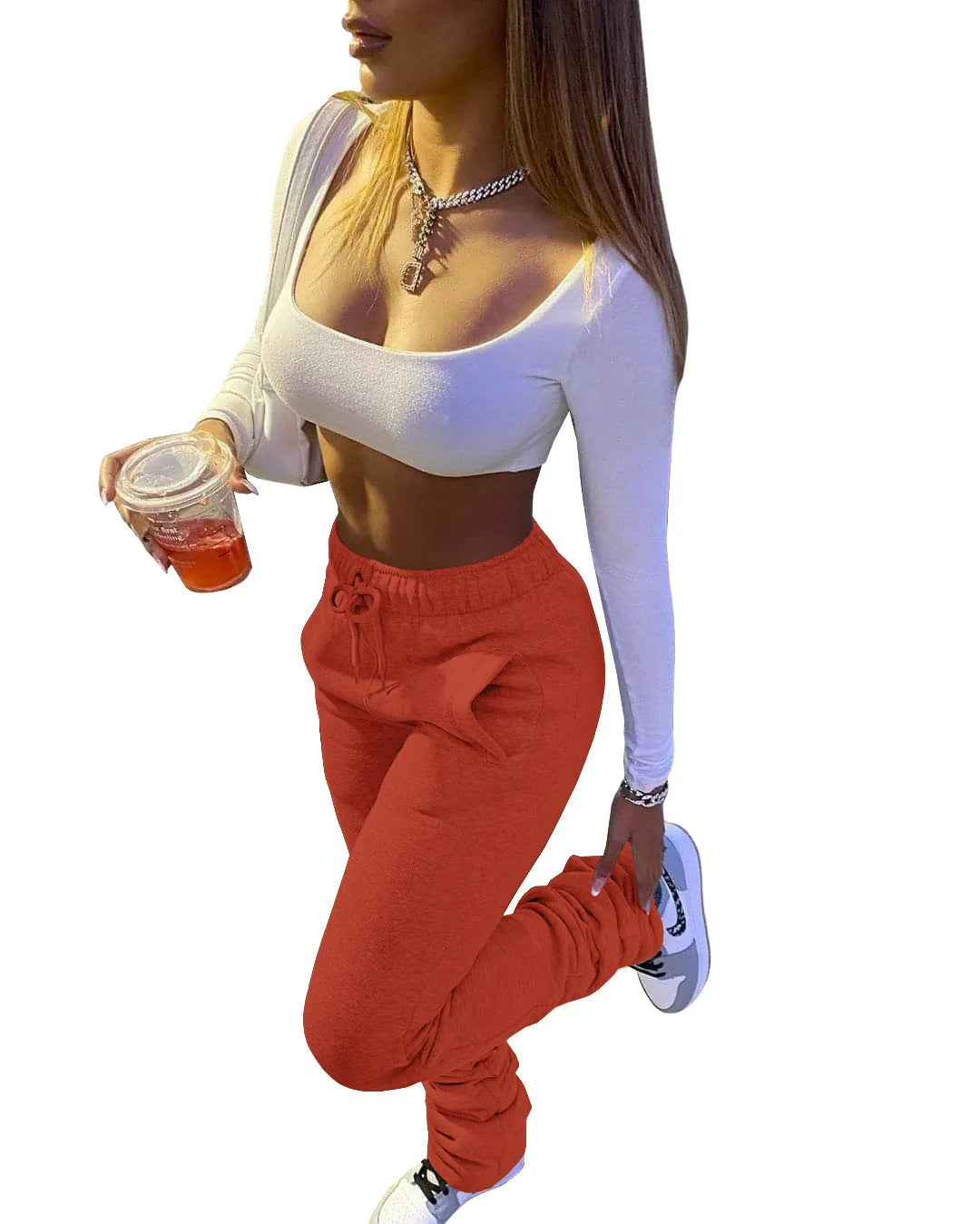 XS-3XL Size Stacked Sweat Pants Fall Winter Womens Mid Waist Thick Stacked Fleece Pants Joggers Long Trousers Sweatpants