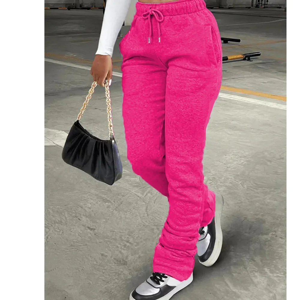HLJ&GG Spring New Drawstring Jogger Pants Women High Waisted Stacked Trousers Casual Female Solid Color Matching Sporty Bottoms
