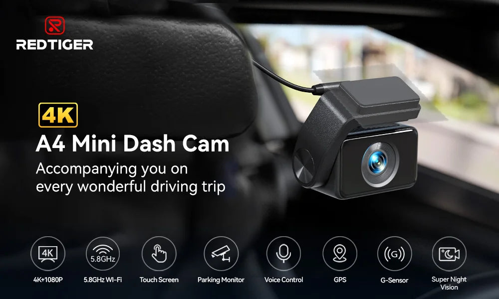 REDTIGER  A4 4k Dash Cam Front and Rear Drive Recorder GPS& 5G WiFi Touch Screen Night Vision 24H Parking Mode Voice Control