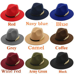 Nine felt fedora hats in various colors with feather accent.