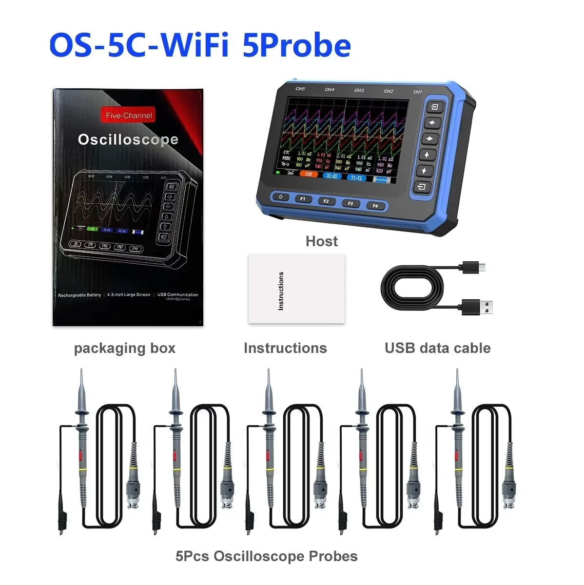 TOOLTOP 5 Channels Digital Oscilloscope 4.3-Inch WIFI & USB Connection 1MHz 3Msps Digital Oscilloscope Electrical Inspection