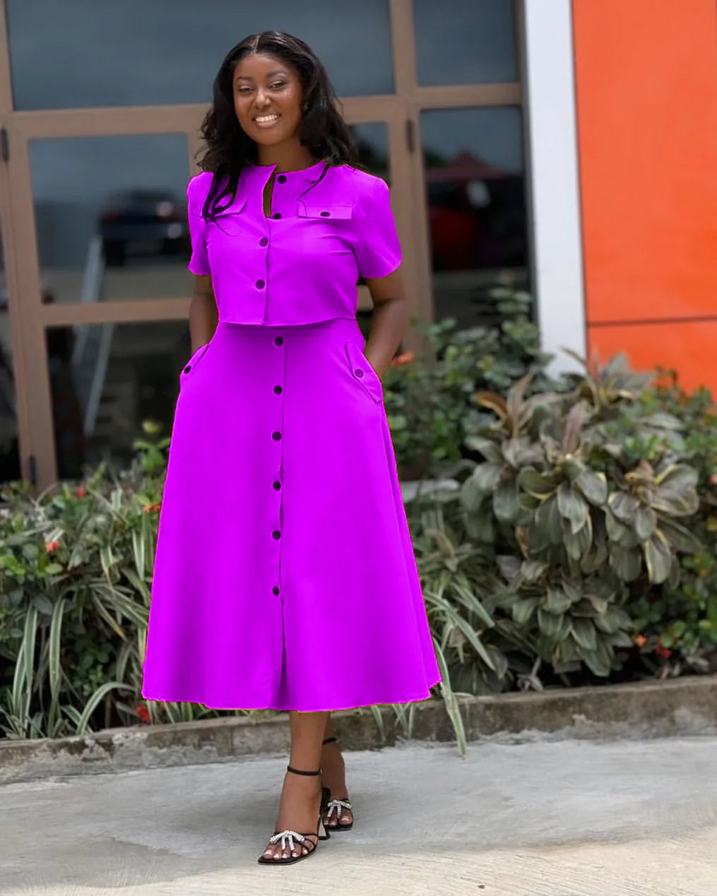 Prowow Fashion Women Skirt Set Short-sleeved Cropped Tops Two Piece Clothing Set 2024 New Design Solid Color Office Lady Outfits