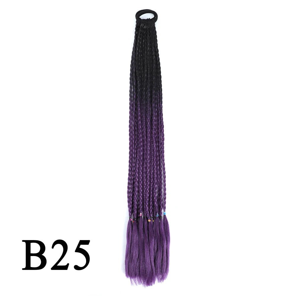 Synthetic 24 Inch Long Colored Box Braids Hair Ponytail With Rubber Bands Rainbow Twist Braided Highlights Ponytail For Women