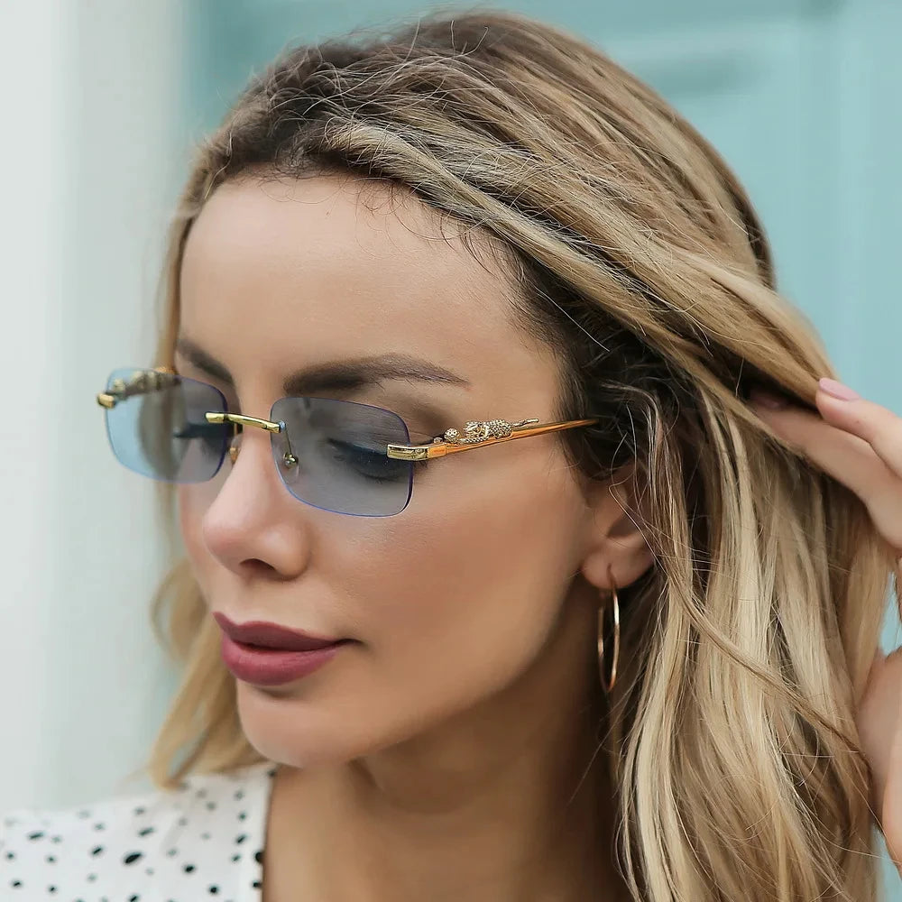 Neue randlose rechteckige Vintage-Sonnenbrille aus Metall mit Leopardenkopf, modische rahmenlose getönte Brillenschirme für Damen und Herren