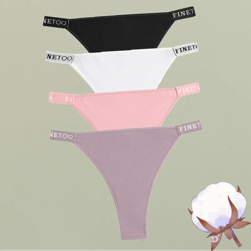 FINETOO 4Pcs/Set Cotton Letter Belt Underwear Women's Panties Sexy Low-Waist Bikini Underpants Female Breathable Briefs Lingerie