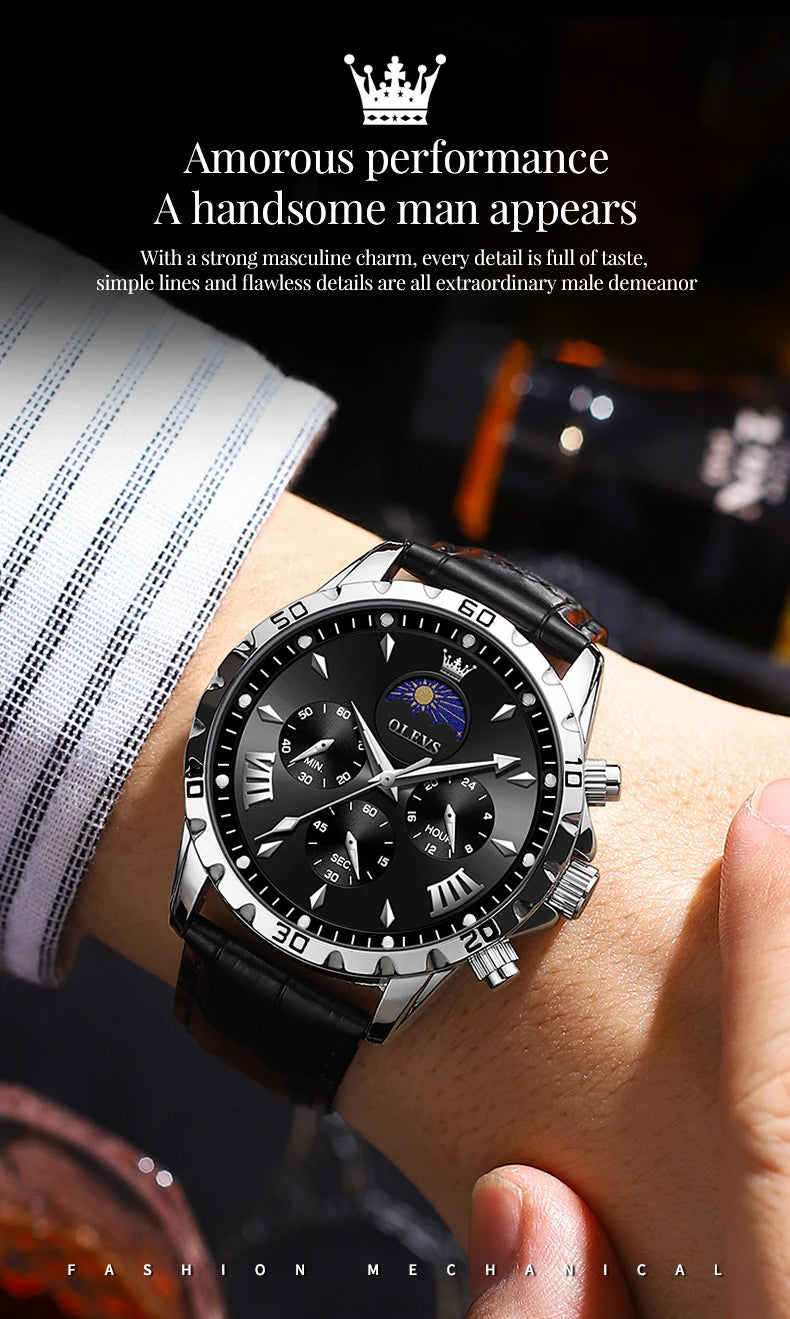OLEVS 2949 Original Men's Watches Exclusive Design Chronograph Moon Phase Waterproof Leather strap Trend Male Wristwatches