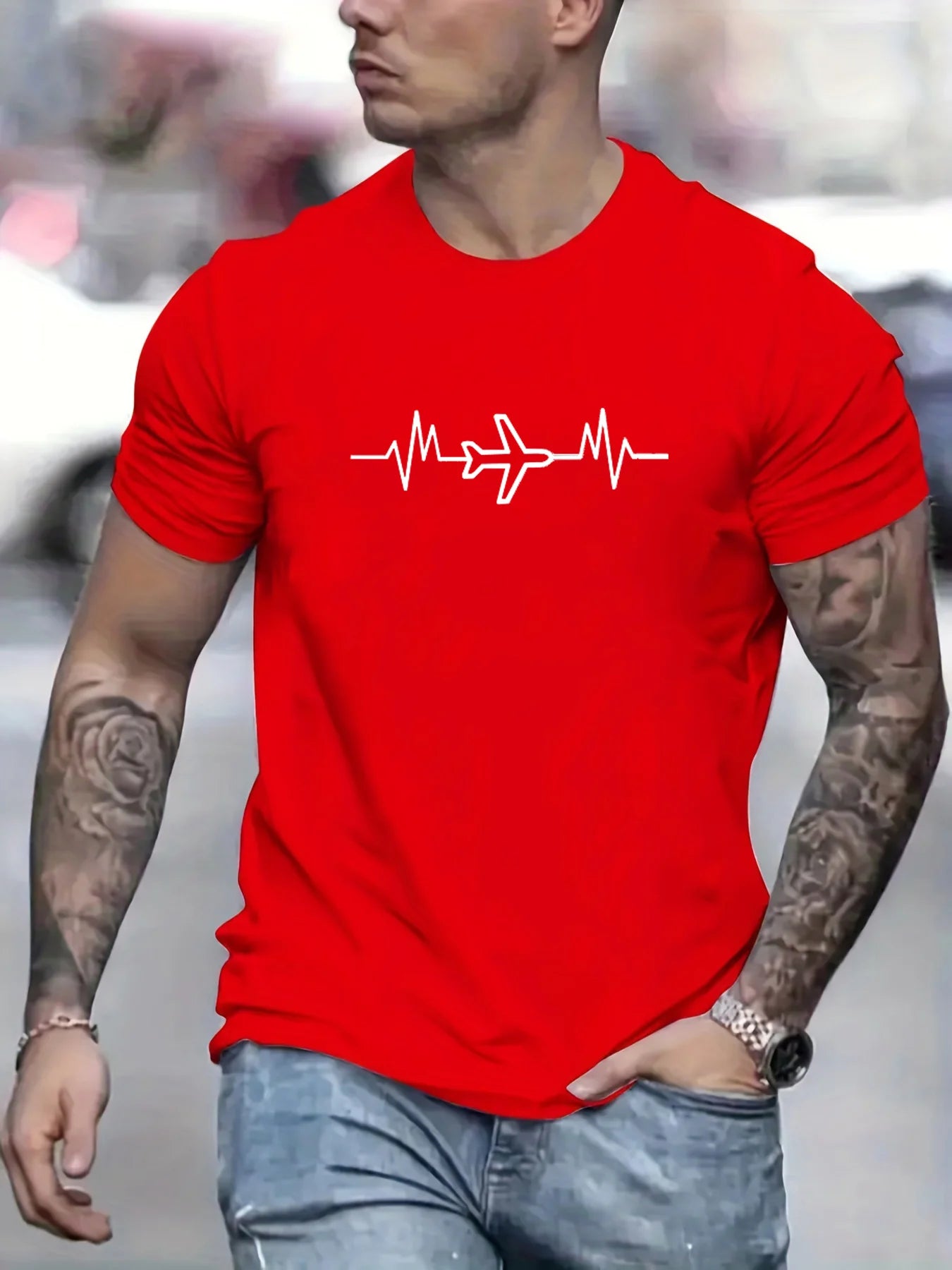 Herren-T-Shirt, 100 % Baumwolle, Sommer, lockere Größe, kreativer Flugzeug-Grafikdruck, lässige Passform, Rundhalsausschnitt, kurzärmelig