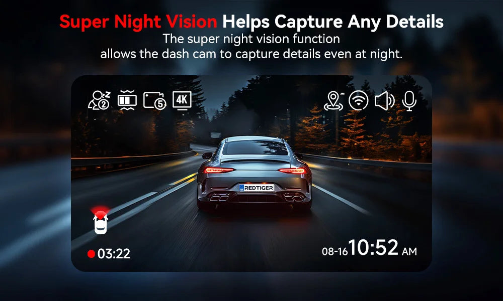 REDTIGER  A4 4k Dash Cam Front and Rear Drive Recorder GPS& 5G WiFi Touch Screen Night Vision 24H Parking Mode Voice Control