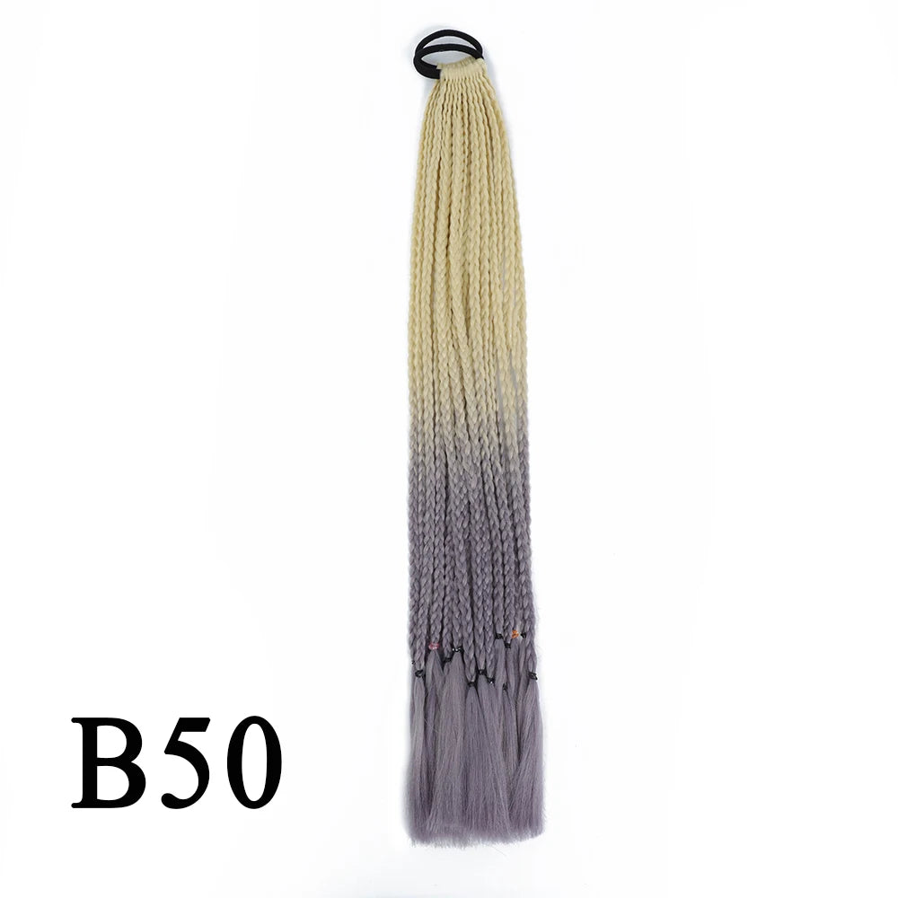 Synthetic 24 Inch Long Colored Box Braids Hair Ponytail With Rubber Bands Rainbow Twist Braided Highlights Ponytail For Women
