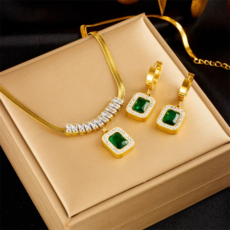 DIEYURO 316L Stainless Steel Luxury Non-fading Square Green Crystal Zircon Pendant Necklace Earrings Jewelry Set For Women Gifts