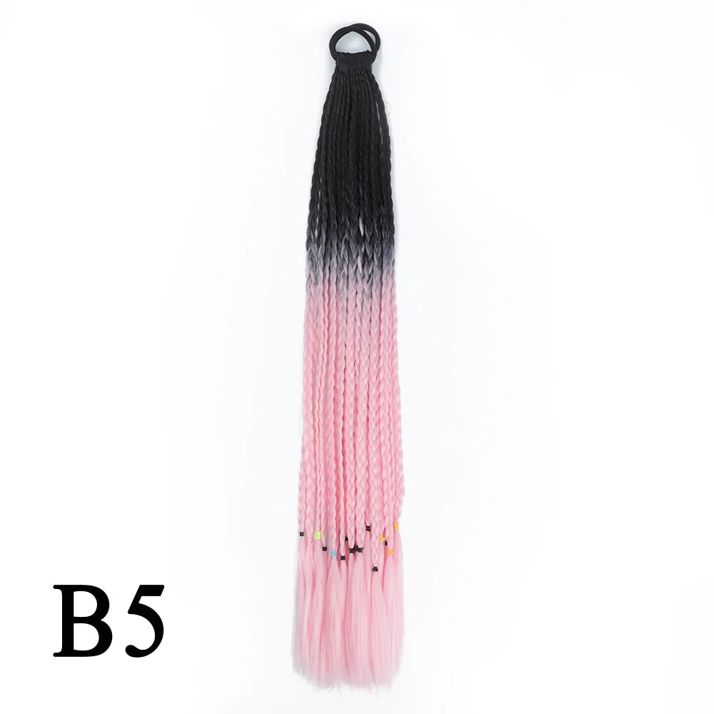 Synthetic 24 Inch Long Colored Box Braids Hair Ponytail With Rubber Bands Rainbow Twist Braided Highlights Ponytail For Women
