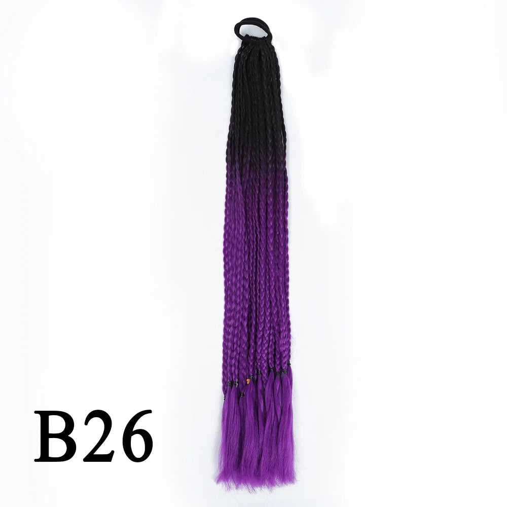 Synthetic 24 Inch Long Colored Box Braids Hair Ponytail With Rubber Bands Rainbow Twist Braided Highlights Ponytail For Women
