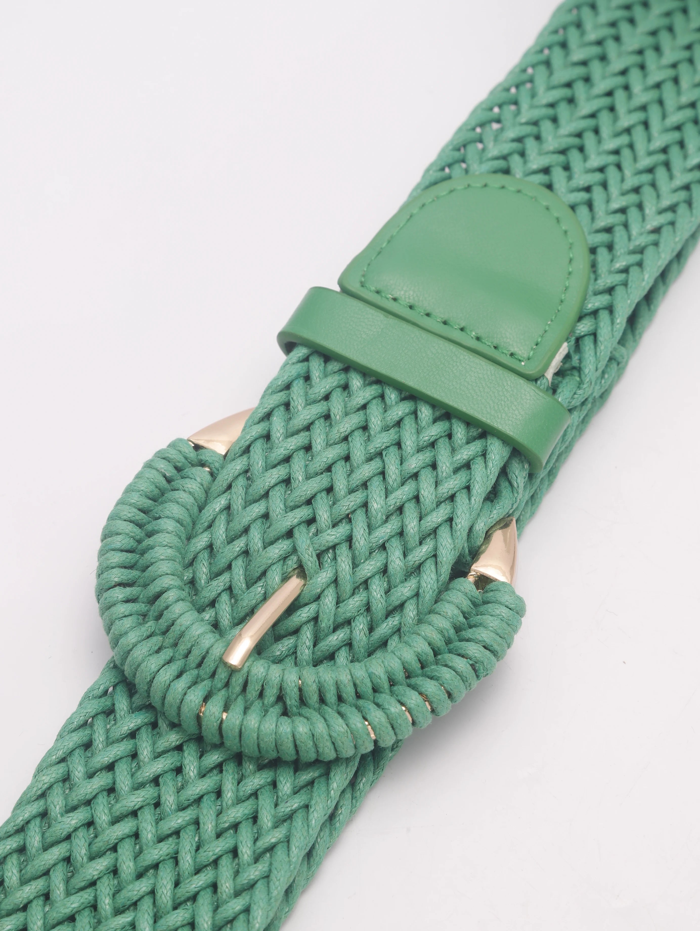 Green Woven Rattan Straw Waist Belt for Women Alloy Buckle Braided Belt for Dress