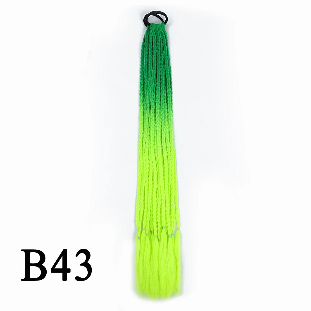 Synthetic 24 Inch Long Colored Box Braids Hair Ponytail With Rubber Bands Rainbow Twist Braided Highlights Ponytail For Women