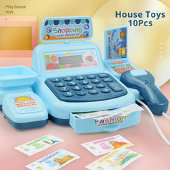 Toy light-blue cash register with scanner and play money.