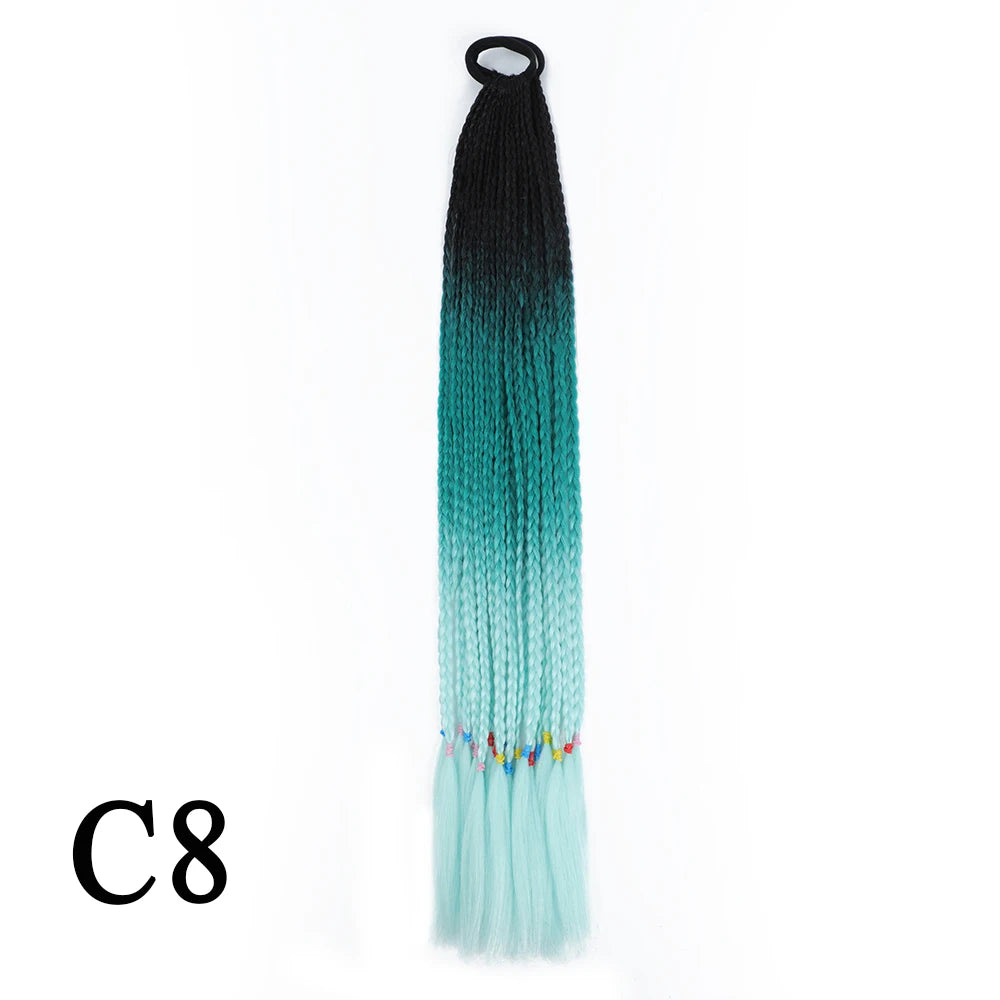 Synthetic 24 Inch Long Colored Box Braids Hair Ponytail With Rubber Bands Rainbow Twist Braided Highlights Ponytail For Women