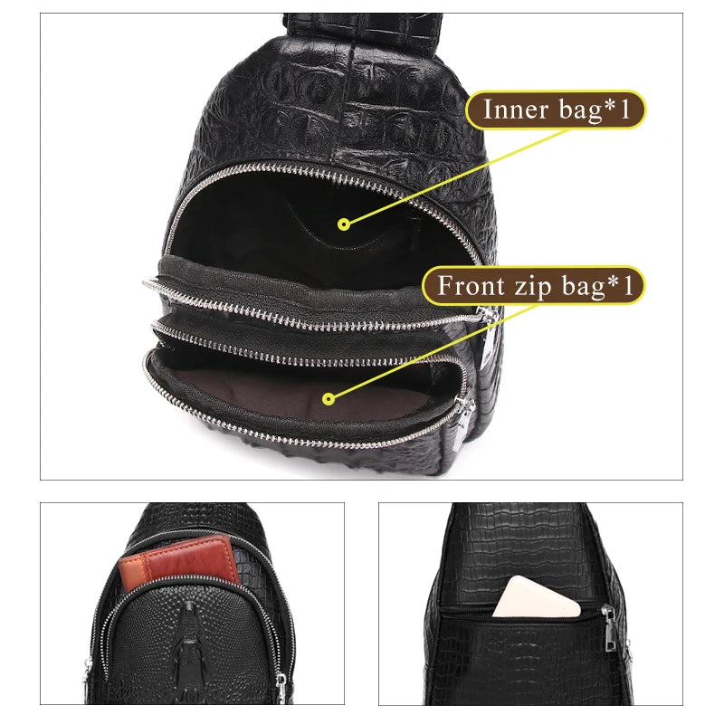 SCHLATUM 100% Rindsleder Männer Krokodil Korn Mode Schwarz Multifunktionale Leder Brust Tasche