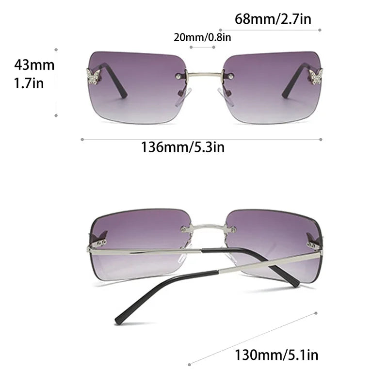Gafas de sol cuadradas sin montura de diseñador de marca de lujo Y2K para mujer, gafas de sol modernas con diseño de mariposa de diamantes, tonos punk rosa, UV400