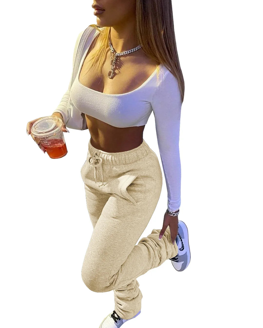 XS-3XL Size Stacked Sweat Pants Fall Winter Womens Mid Waist Thick Stacked Fleece Pants Joggers Long Trousers Sweatpants