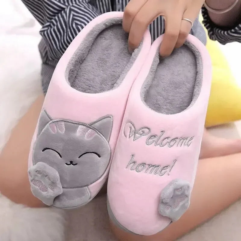 Pantuflas cálidas de invierno para mujer, zapatos de gato de dibujos animados, pantuflas peludas de felpa, zapatos planos de punta redonda, pantuflas de piso para el dormitorio y el hogar para mujer