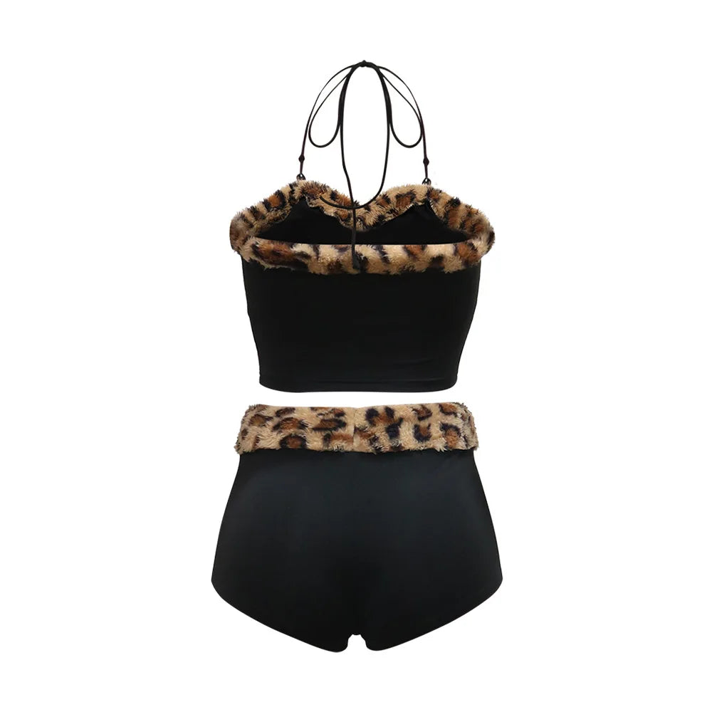 CM.YAYA Women's Set Strapless Sleeveless Leopard Print halter  Top and Shorts Suits 2024 Street Two 2 Piece Set Outfit Tracksuit