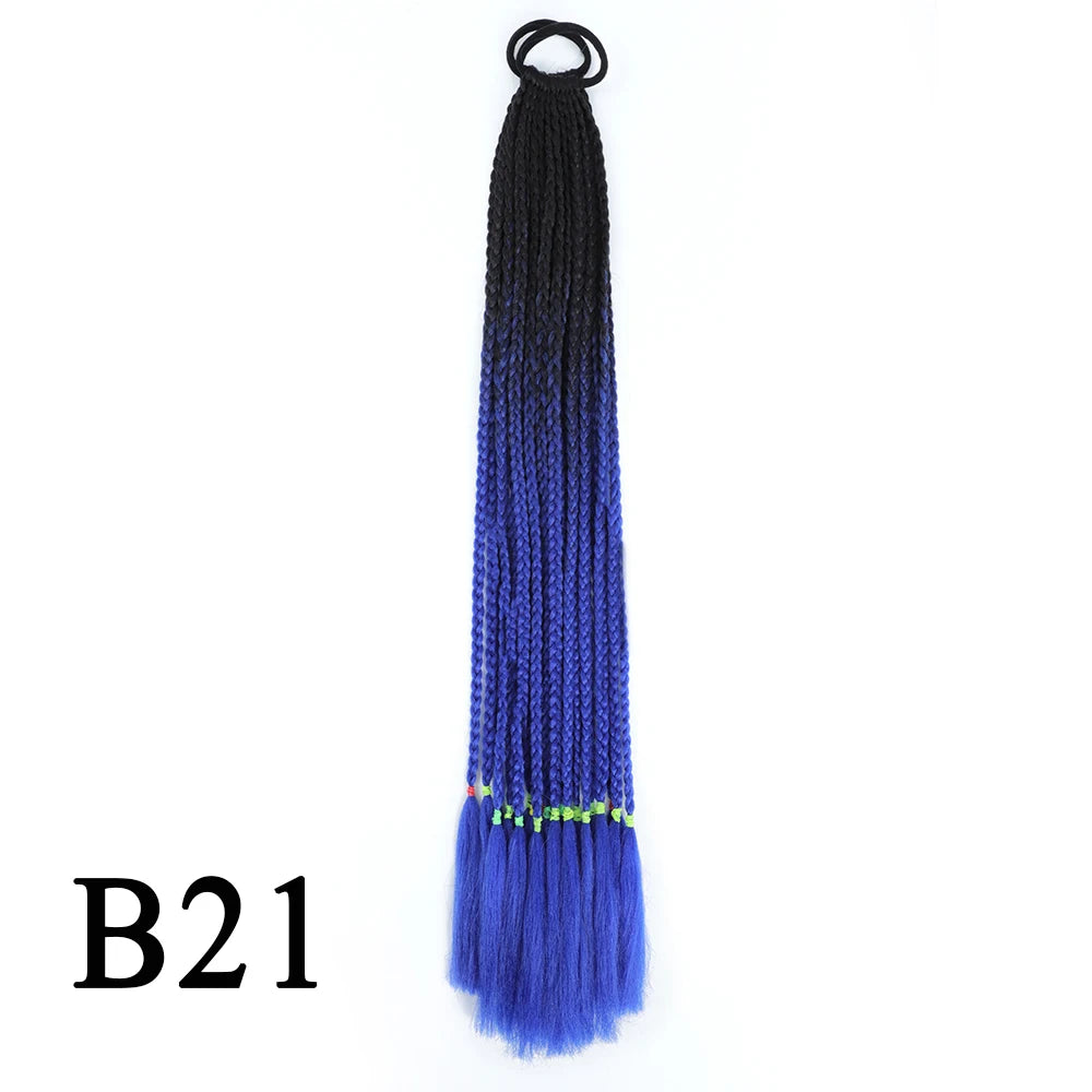 Synthetic 24 Inch Long Colored Box Braids Hair Ponytail With Rubber Bands Rainbow Twist Braided Highlights Ponytail For Women