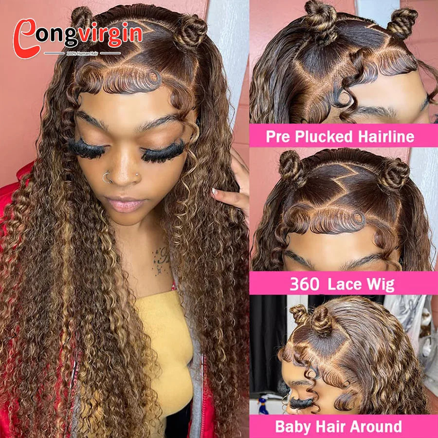 250 Density Highlight P4/27 Blonde 360 Full Hd Lace Front Wig Pre Plucked 30 Inch Glueless Wig Deep Wave Frontal Wig Human Hair