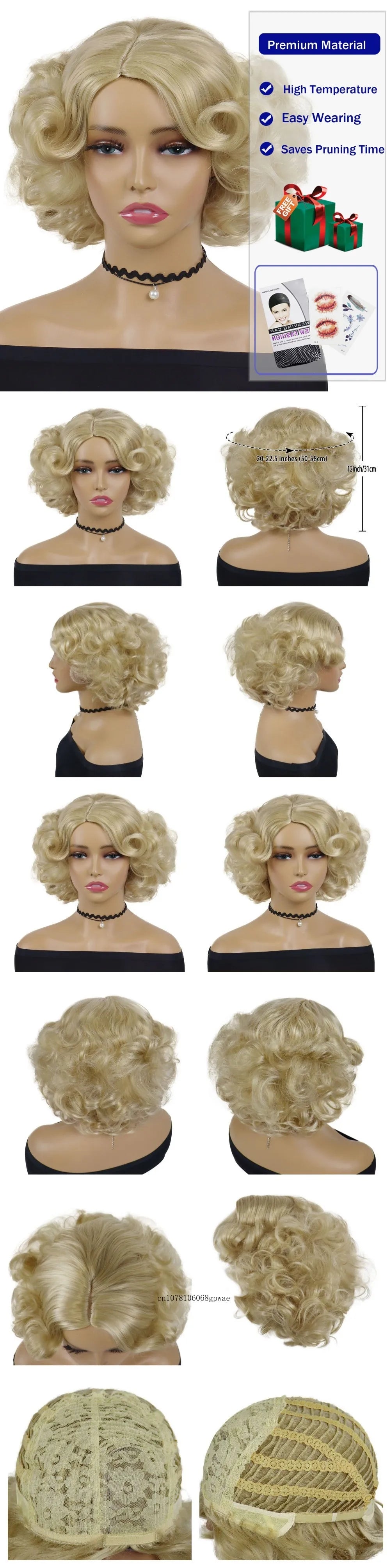 Synthetic Blue Wigs Cosplay Halloween Party Carnival Use Short Curly Wig for Women Natural Fluffy Hair Side Parting Hairstyle