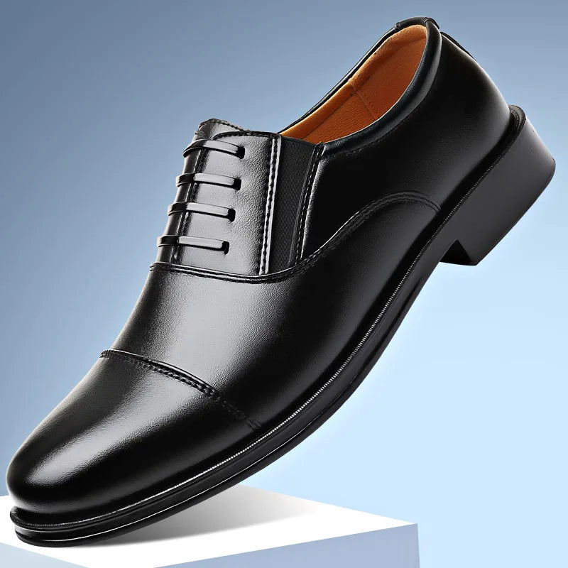 Sleek black men's dress shoe (cap-toe oxford style).