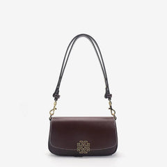 Jarreims Emporium: Brown leather shoulder bag with gold logo.