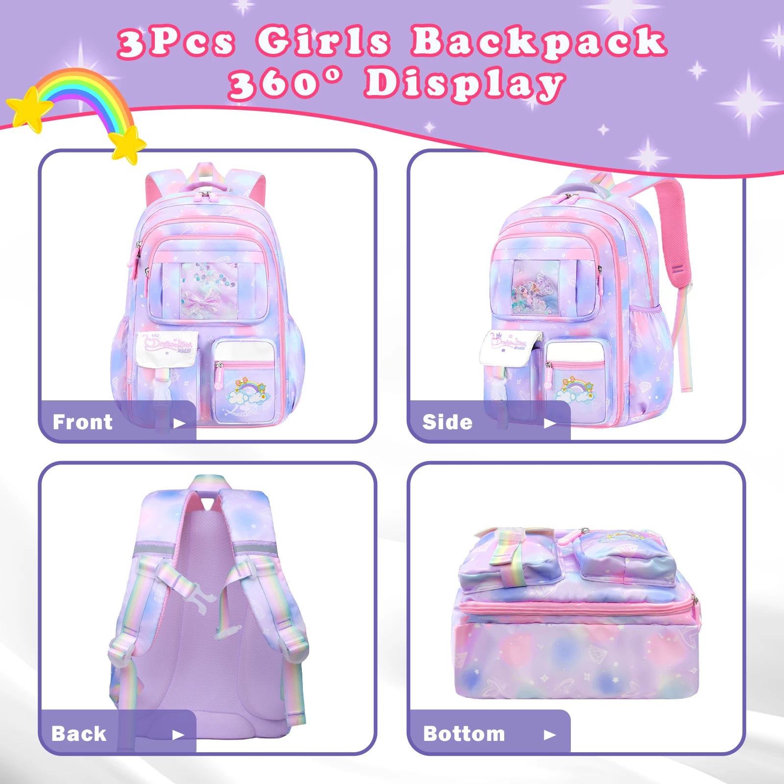 3Pcs School Backpack for Girls Large Capacity Kid's School Bag with Lunch Pancil Carry Case Bag Travel Backpack Child Gift