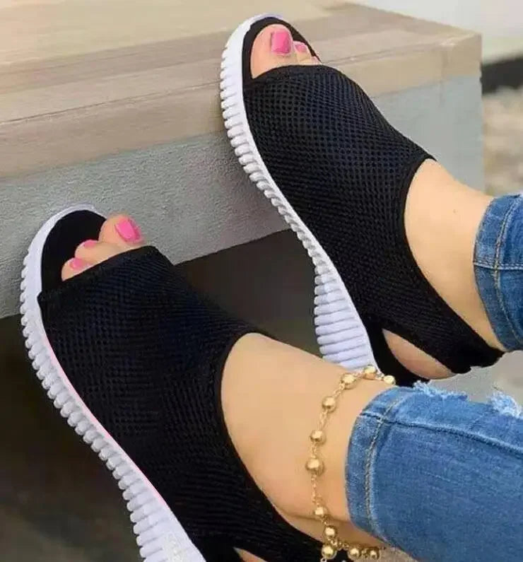 Sommer Damenschuhe Mesh Fisch Plateauschuhe Damen Geschlossene Zehen Keilsandalen Damen Leichte Freizeitsandalen Zapatillas Muje