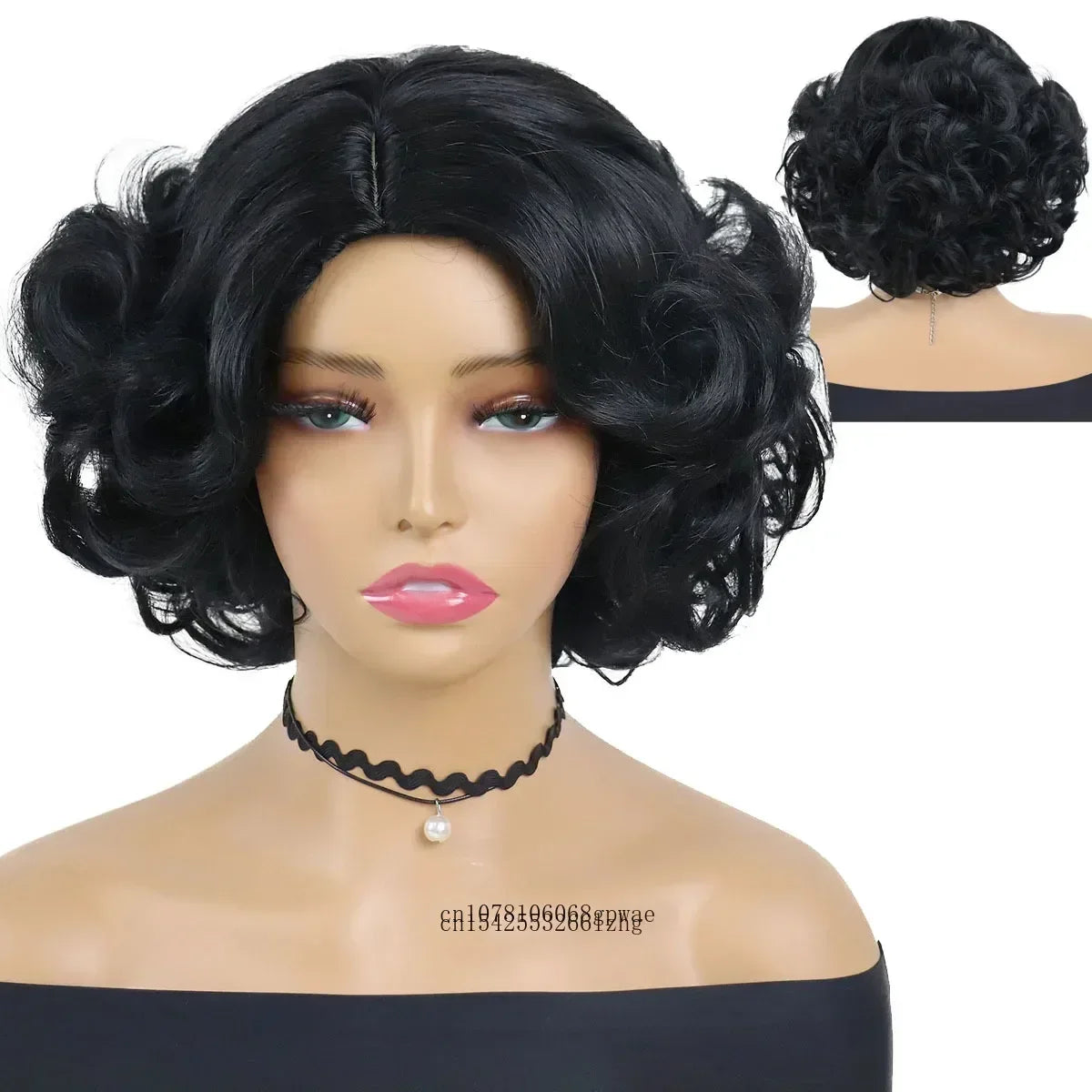 Synthetic Blue Wigs Cosplay Halloween Party Carnival Use Short Curly Wig for Women Natural Fluffy Hair Side Parting Hairstyle
