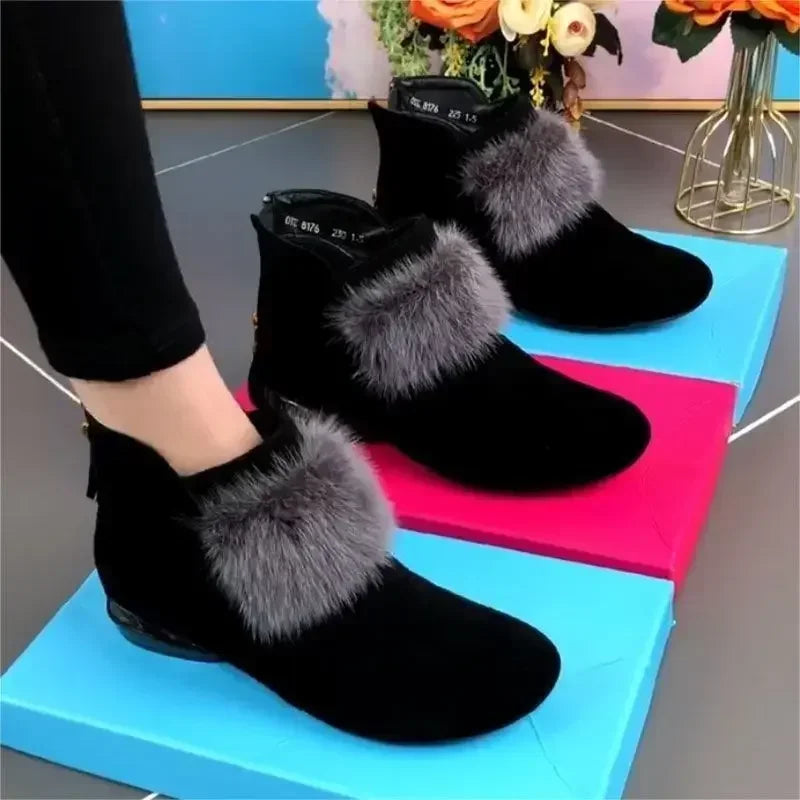 Zapatos para mujer 2024, botas cálidas de felpa para invierno para mujer, zapatos de oficina antideslizantes de tacón bajo para mujer, botas cortas con cremallera a la moda