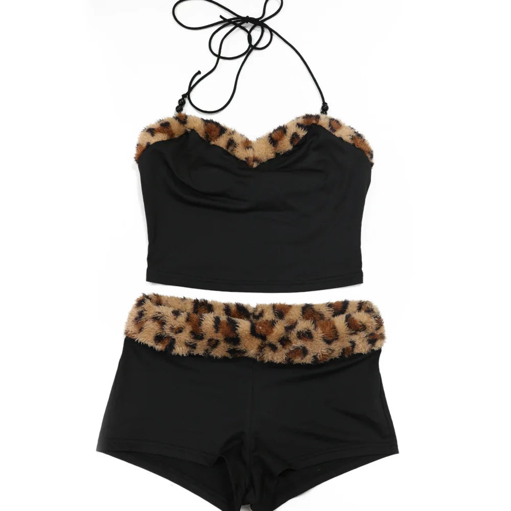 CM.YAYA Women's Set Strapless Sleeveless Leopard Print halter  Top and Shorts Suits 2024 Street Two 2 Piece Set Outfit Tracksuit